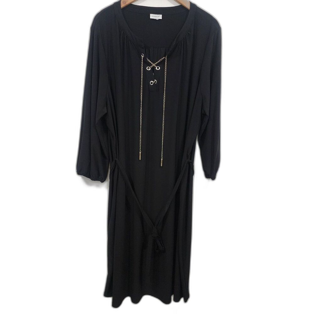 AVENUE Chain Lace-up Shirt Dress Black Jersey Knit Long Sleeves Stretch 26 28